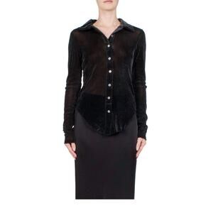 NEW PRISCAVERA velvet mesh button down shirt in obsidian